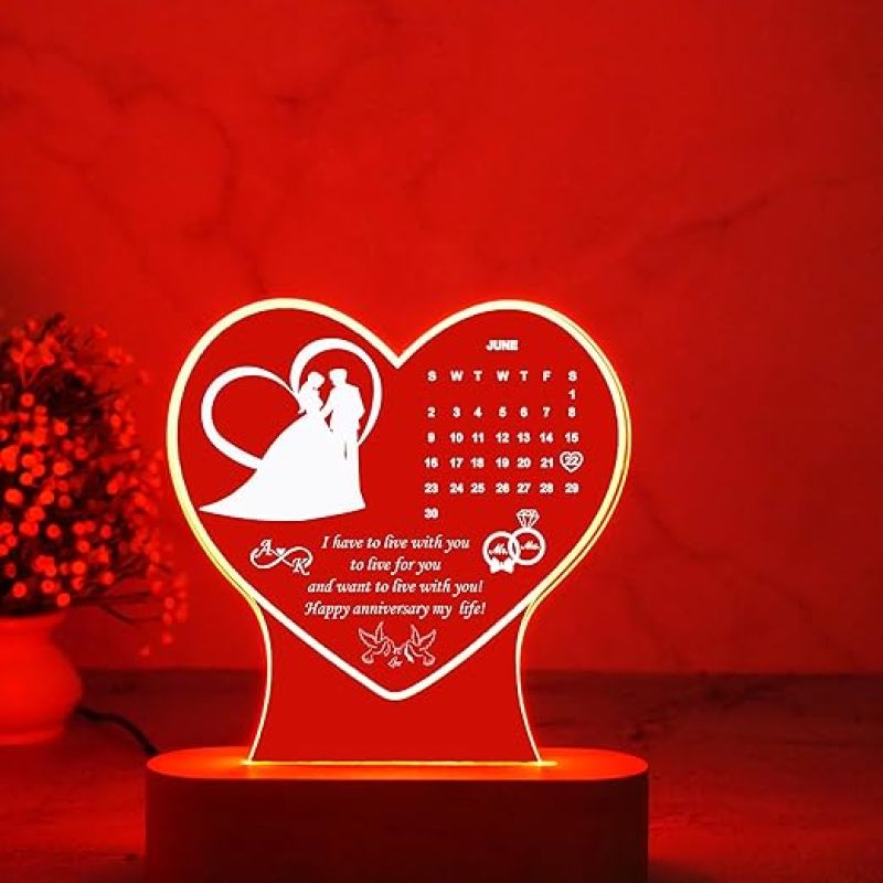 Heart Shape Lamp with Multicolored Light Personalized Alphabet Letter Date & Text | Gift for Loveable Person | Birthday Gift for Wife